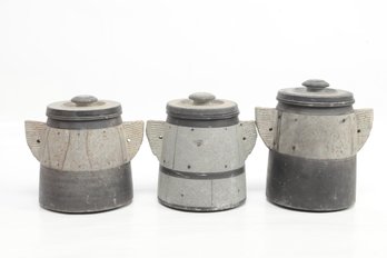 3 Vintage/Antique Unique Artisan Made Lidded Canisters W/Applied Handles