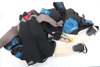 Grouping Of Assorted Scuba Items In Duffle Bag: Wet Suits, Vest, Flippers & More