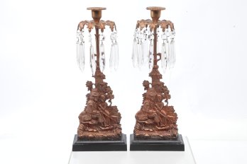 Antique Pair Of Copper Girondelle Candlesticks W/Crystal Prisms