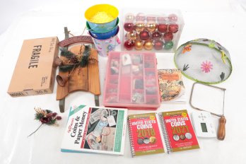 Large Lot Of Christmas Bulbs & Decorations Coin Guides And Other Miscellaneous Items.