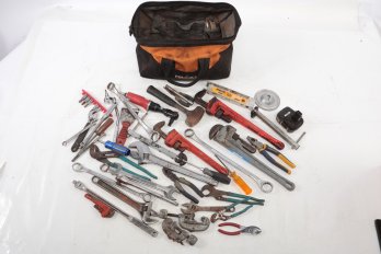Tool Bag Loaded With Heavey Duty Tools Pipe Wrench's Levels Socket Wrenches And Much More.