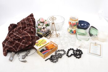 Large Lot Punch Bowl W/ Glasses Large Ceramic Bowls Tupperware Heated Blanket Coin Holders & More