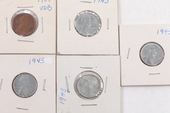 5 Lincoln Cents Labeled 1909VDB-MS, 1943-MS, (3)1943