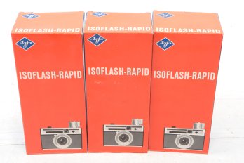 (3) Unused In Original Packaging Agfa Isoflash Rapid Cameras W/ Cube Flash Adapter Made In Germany
