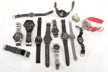 Box Of Various Untested Watches Swiss Noma IV Citizen Armani Exchange Skagen Casio Diesel Brave Etc.
