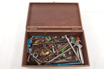 Vintage Wooden Box With Screws And Other Items