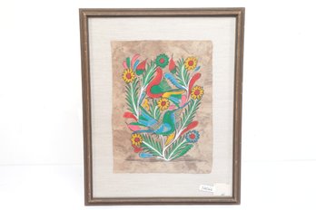 Vintage Mexican Folk Art Bark Painting W/Bird & Floral Motif