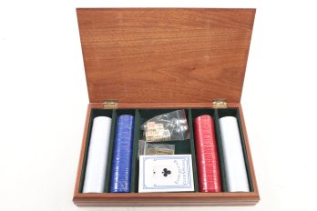 Wood Box - Poker Chips With Dice & 2 Decks Of Card - Plaque Engraving - New