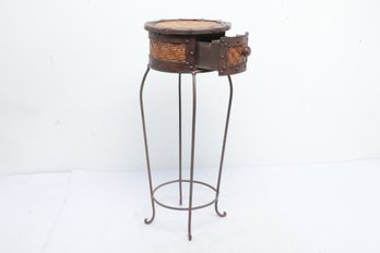 Vintage Accent Table Featuring A Woven Rattan Drum Top, Small Drawer & Iron Base