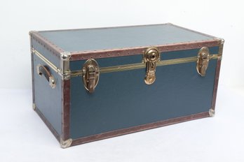 Vintage Blue Steamer Trunk W/Metal & Brass Trim Detail & Original Leather Straps