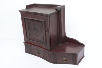 Vintage Mahogany Tabletop Liquor Cabinet / Mini Cellarette W/Carved Panel & Drawer