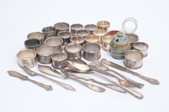 Grouping Of Vintage Silverplate Napkin Rings & Mixed Flatware