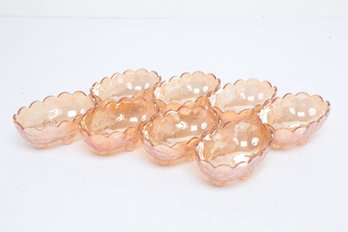 8 Vintage Peach Iridescent Leaf Pattern Carnival Glass Scalloped Footed Candy Dishes