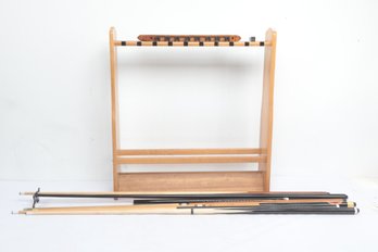 Pool Cue Sticks W/ Stand Including KISS Collectible Cue Stick