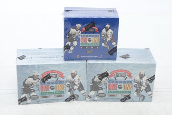 (3) Sealed Hockey Boxes - (2) 1995 Playoff One On One Card Game W/ 8 Starter Decks Per Box & (1) Booster Box