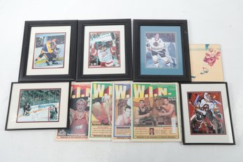 Signed Framed Hockey Lot Bobby Hull Dan Bouchard  Plus Wresting Signed Newspapers Auto