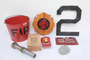 Firemen Fire Fighting Collectibles Lot W/ Nozzle, Authentic Signage, Fire Bucket, Etc.