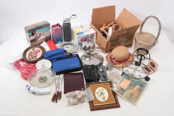 Large Box Of Items Golf Balls Framed Items Pond Deicer Cup Holder Wooden Hangers Vintage Gun Holster Plus