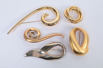 5 Pc. Lot VINTAGE UNMARKED MODERNIST GOLD TONE LAPEL BROOCHES/PINS