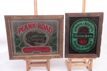 2 Vintage Bar Advertising Mirrors: Heineken & Plank Road