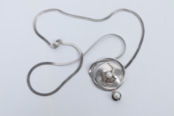 Vintage ARTISAN MODERNIST Sterling Silver & Mobe Pearl Pendant  Necklace