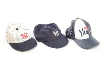 NY Yankees Lot Of 3 Baseball Caps Hats (2) Cooperstown Fitted 7.5 & 7.25  Adjustable Leather Like Cap