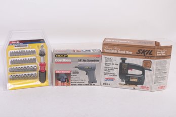 Grouping Of New Tools: Stanley Cordless Screwdriver, Scroll Saw, & 56pc Ratchet/Socket/Bit Set