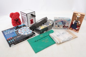 Mixed Box Lot: LED Dart Board, Always & Forever Flower Bear, Hand Painted Swedish Doll & More