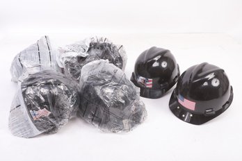 6 New MSA Black Hard Hats W/Assorted American Flag/Eagle Decals