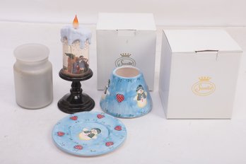 Sorell Angel Globes, Snowman Candle Dish & Cover W/Battery Powered Nativity Candle