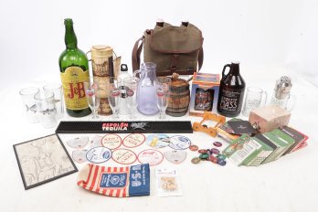 Assorted Bar Lot-Vintage JB Whisket Bottle, Legacy Growler Tote W/Growlers, Etc.