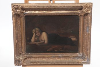 Antique 19THc REVERSE PAINTED GLASS After Correggio MARY MAGDALEN READING
