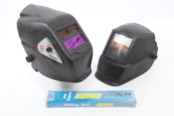 2 Welding Masks (Ansi Blue Steel & Lincoln Electric Co) & 5lb Pack Of Radnor Welding Rods