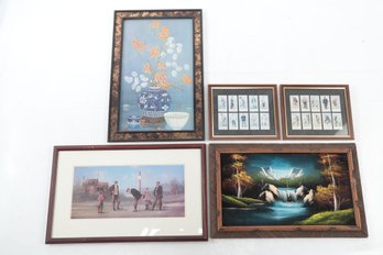 Lot Of 5 Framed Pieces Cope's Golfers Reprint Cards Artist Signed Painting Flower & Vase Vintage Golfers Print
