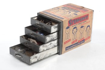 Vintage 'STOW-AWAY' Metal Storage Cabinet By Waltham Tool Mfg. Corp W/Original Advertising