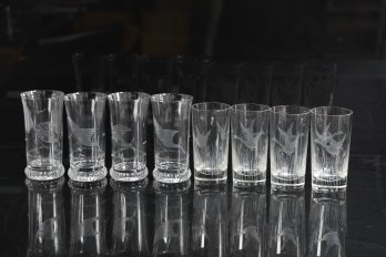 8 Antique Fish & Geese Etched Clear Glasses (?Orrefurs?)