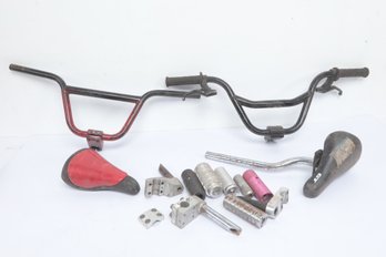 Lot Of Vintage BMX Bike Parts: 2 Handlebars, GT Seat & Stem, Misc. Pegs & More