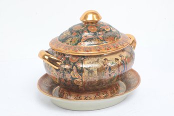 2pc Lot Of Vintage Japanese Satsuma Hand Painted Lidded Bowl & Dish