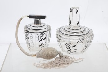 Antique Art Deco 1930s Czechoslovakian Glass Dresser Set: Atomizer & Lidded Jar