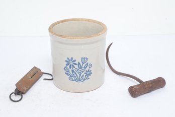 Mixed Vintage & Antique Lot: Crock, Meat Hook, & Vintage Scale W/Brass Face