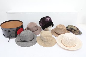 Grouping Of Assorted Women's Hats In Hat Box: Sun Hats, Army Cap, Vintage Velvet Hat & More