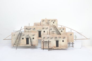 Vintage Artisan Signed Southwestern Pueblo Adobe Village Metal Wall Sculpture - Circa 1987