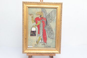 Framed Egyptian Revival Style Artwork Signed 'Levon Lazyan' Dated 1957 Istanbul