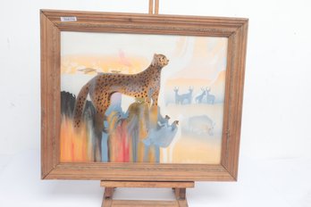Surrealist Style Wildlife Oil Painting With Cheetah & Antelope, Framed & Artist Signed 'Wooville'