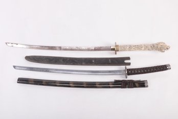 2 Vintage Samurai Style Swords: 1 W/Beautiful Dragon Handle