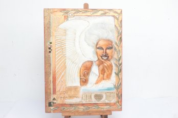 Signed Surrealist Mixed Media Figural Artwork On Board With Winged Figure & Collage Elements