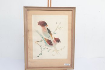 Framed Bird Painting On Silk Signed E. Wolf