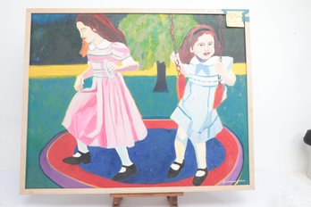 Naive Style Painting Of Two Girls On Playground Signed Woody Jackson, Dated 2003