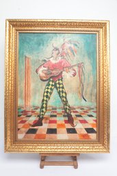 Surrealist Harlequin Figural Painting On Checkerboard Floor Signed