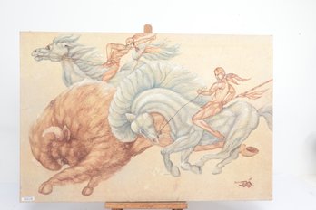 Surrealist Figural Oil Painting Of Riders On Ram & Horse Signed Marzo